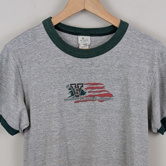 Vintage 90s Mississippi Valley State University Ringer T-Shirt Gray Green Small - Picture 1 of 6